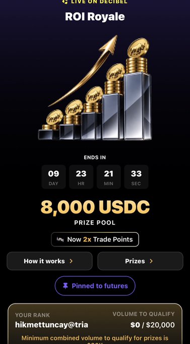 A mobile app screen advertising the 'ROI Royale' event on Decibel, featuring a prize pool of '8,000 USDC' and a countdown timer indicating 09 days, 23 hours, 21 minutes, and 33 seconds remaining.