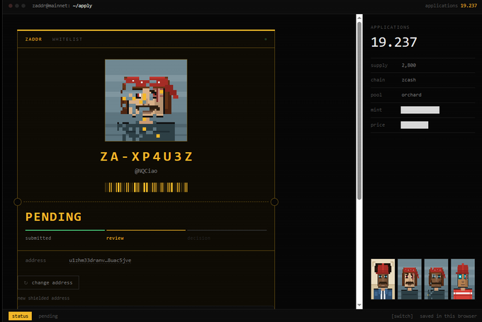 Screenshot of the ZADDR Mainnet application page showing a pending submission for the ID 'ZA - XP4U3Z' with a pixel-art avatar and address uzhw33drAnv_BwKCjve, with a sidebar showing 19.237 applications for the Orchard pool.