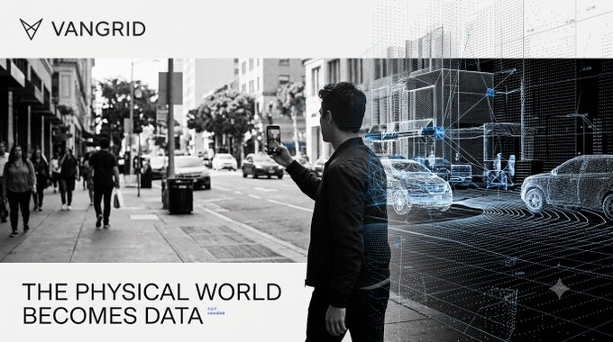 A promotional graphic for 'VANGRID' featuring a person on a city street holding a smartphone, with digital data overlays and the tagline 'THE PHYSICAL WORLD BECOMES DATA'.