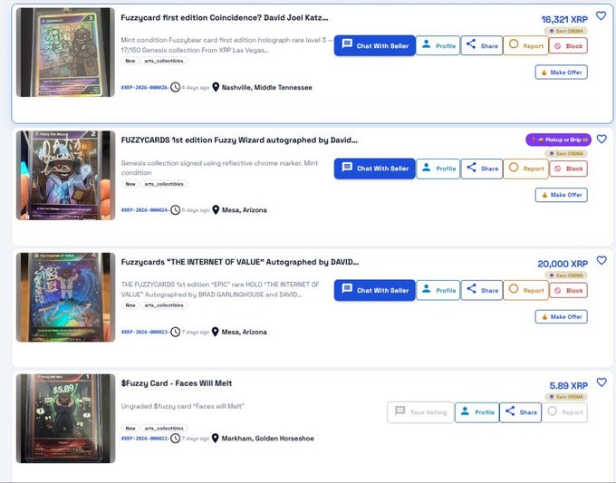 A screenshot of an NFT marketplace showing four "Fuzzy" digital trading cards for sale, with prices listed in XRP including 16,321 XRP for "Fuzzybear first edition" and 20,000 XRP for "FUZZYCARDS 'THE INTERNET OF VALUE'".