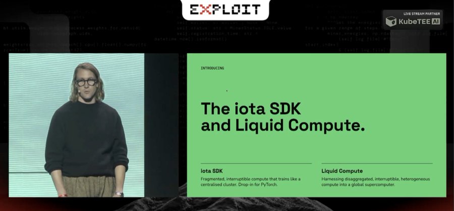 A tech presentation slide titled 'The iota SDK and Liquid Compute' features a person on the left and product descriptions on a green panel, with 'EXPLOIT' branding and 'KubeTEE AI' partnership logo.
