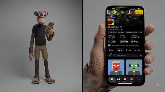 A split image showing a 3D rendered monkey character wearing 3D glasses on the left, and a furry hand holding a smartphone displaying the Stonksbrokers NFT collection (with stats like 9.55 WETH floor price) on the right.