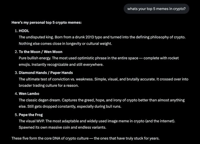A text response listing a 'personal top 5 crypto memes' which includes '1. HODL', '2. To the Moon / Wen Moon', '3. Diamond Hands / Paper Hands', '4. Wen Lambo', and '5. Pepe the Frog'.