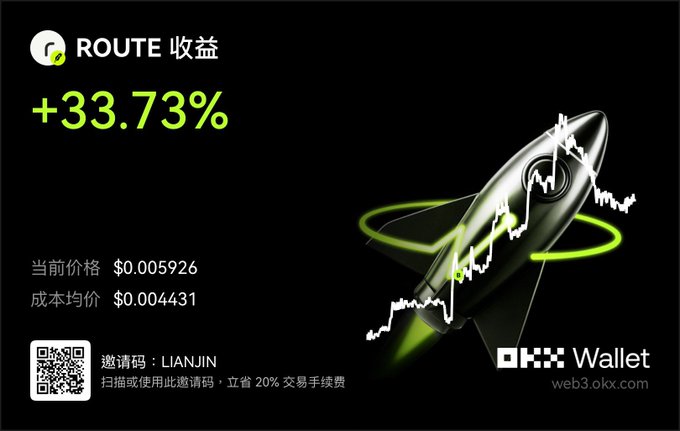 An advertisement shows a +33.73% return on 'ROUTE' with a current price of $0.005926, featuring a rocket ship graphic, an OKX Wallet logo, and an invitation code 'LIANJIN'.