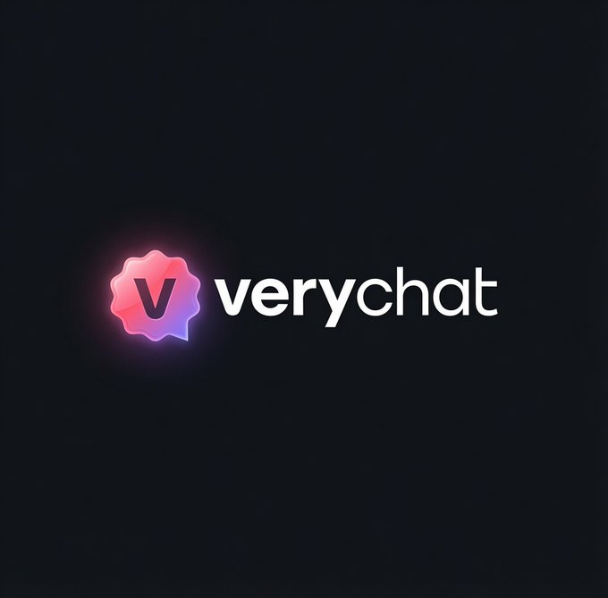 A logo on a black background displays a glowing pink and purple chat bubble icon next to the white text 'verychat'.