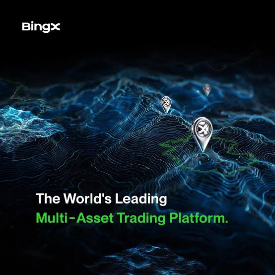A dark promotional graphic for BingX with the text 'The World's Leading Multi-Asset Trading Platform' overlaid on a topographic map background.
