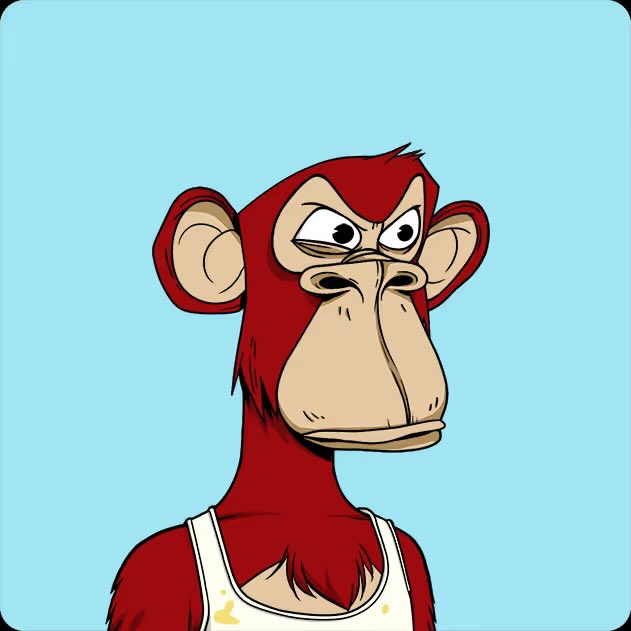 A cartoon red ape with an angry expression, large ears, and prominent muzzle wears a stained white tank top (wife beater) against a light blue background. The illustration directly references the Bored Ape Yacht Club (BAYC) NFT collection with the hashtag "#BAYC," as the wife beater is a signature clothing item featured on many BAYC ape NFTs.