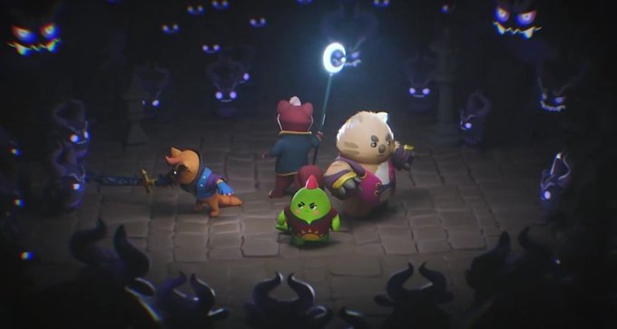 Video game characters including a bear, bear-warrior, bird, and small creature face shadowy horned enemies with glowing purple eyes in a dungeon setting.