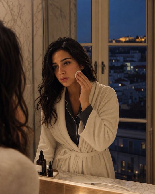 A dark-haired woman in a white bathrobe wipes her face with a cotton pad in a bathroom, with a nighttime cityscape visible through the window behind her.