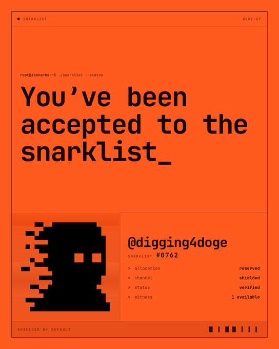 An orange-themed graphic certificate declaring 'You've been accepted to the snarklist_', issued to '@digging4doge' as snarklist #0762, displaying a pixelated black character and account statistics like 'allocation: reserved' and 'channel: shielded'.