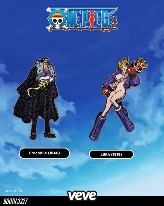 Promotional image for VeVe at NYCC Booth #3327 featuring One Piece FiGPiNs of Crocodile (1846) and Lilith (1919) against a blue sky background, with prices of $22 as listed in the accompanying post.