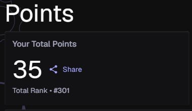 A dark-themed dashboard displays 'Points' with 'Your Total Points' showing 35, alongside a 'Share' button and a 'Total Rank • #301'.