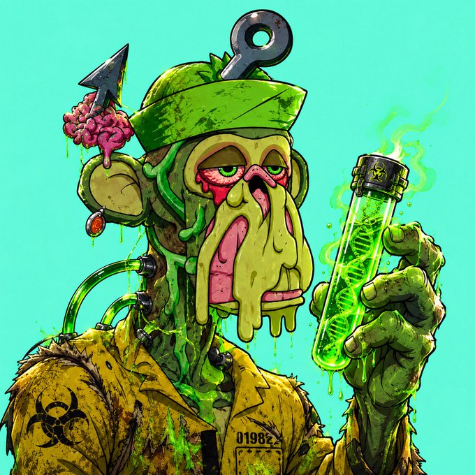 A stylized digital illustration of a grotesque, zombie-like character resembling Squidward wearing a military cap with an exposed brain and arrow, holding a test tube containing a green DNA helix and biohazard symbols.