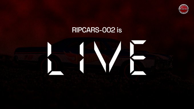 A promotional graphic announcing "RIPCARS-002 is LIVE" over a dark silhouette of a Dodge Challenger SRT Hellcat.