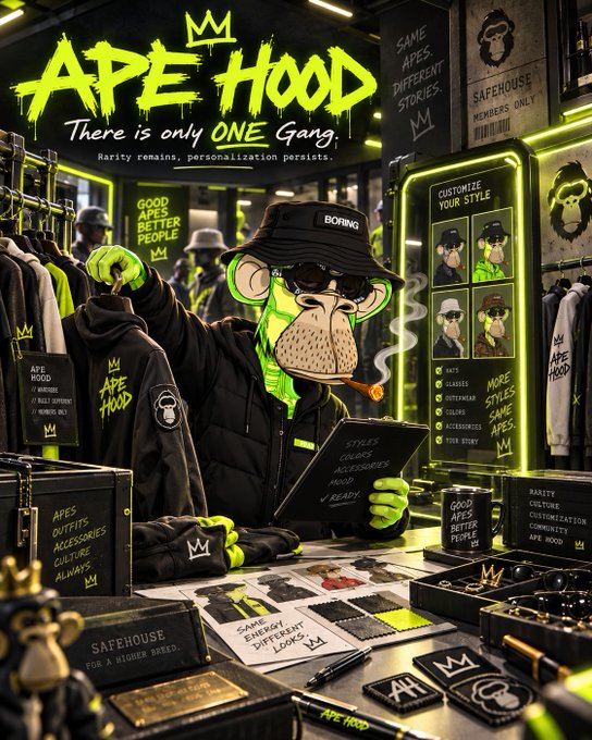 A neon-lit "APE HOOD" branded clothing customization shop features a green-skinned ape mascot wearing a "BORING" hat, sunglasses, and a smoking jacket while holding a "STYLES COLORS ACCESSORIES MOOD READY" tablet, with signs reading "SAME APES DIFFERENT STORIES," "CUSTOMIZE YOUR STYLE," and "GOOD APES BETTER PEOPLE." The image directly illustrates the post's concept of personalizing ape wardrobes through swappable traits, styles, and accessories, showing the storefront where users can build their own custom ape fits.