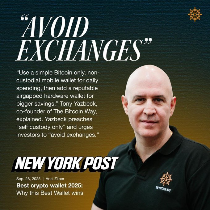 A New York Post article graphic titled 'Best crypto wallet 2025' by Ariel Zilber dated Sep. 28, 2025 features Tony Yazbeck, co-founder of The Bitcoin Way, with the quote 'AVOID EXCHANGES' and advice to 'Use a simple Bitcoin only, non-custodial mobile wallet for daily spending, then add a reputable airgapped hardware wallet for bigger savings.'