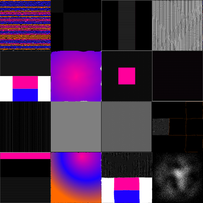 A 4x4 grid of varied abstract digital textures and patterns including glitch effects, gradients, grids, and noise.