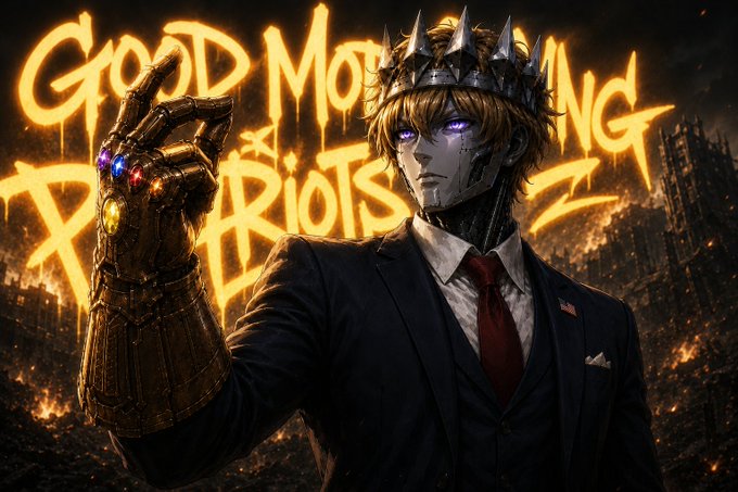 A digital illustration of a cyborg character with a golden gauntlet wearing a crown, with 'GOOD MORNING RIOTS' written in fiery letters behind him.