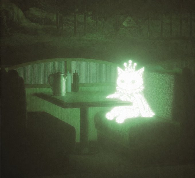 A glowing cat with a crown sits at a dimly lit diner booth, radiating an otherworldly, luminous presence against the shadowy background. The image evokes the surreal, dreamlike feeling of holding $BNB and $NIANNIAN—ethereal yet isolated, as if alone in a spectral realm.
