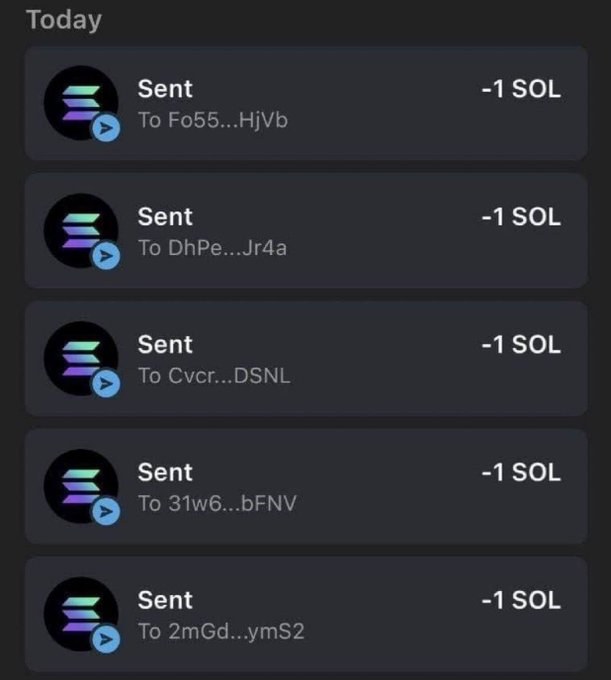 A transaction history screenshot showing five consecutive Solana wallet transfers of -1 SOL each to different addresses (Fo55...HjVb, DhPe...Jr4a, Cvcr...DSNL, 31w6...bFNV, and 2mGd...ymS2) on today's date, likely depicting examples of participants receiving their promised 1 SOL airdrop from the giveaway campaign.