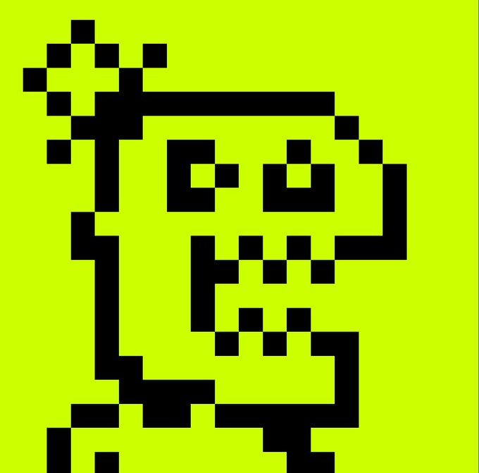 A pixelated black-and-yellow 8-bit style portrait of a smiling face wearing sunglasses against a bright yellow-green background.