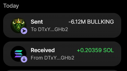 The image shows a Solana wallet transaction history displaying a successful purchase of -6.12M BULLKING tokens sent and +0.20359 SOL received from address DTxY...GHb2, confirming the crypto swap mentioned in the post.