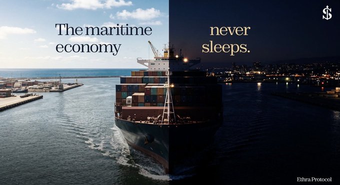 A split-day maritime advertisement reads 'The maritime economy never sleeps,' featuring a large container ship with the Ethra Protocol logo.