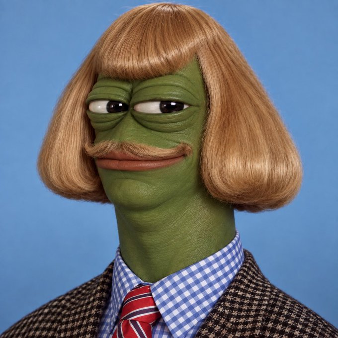 A green puppet-like character with a blonde bob haircut and mustache wears a tweed jacket, checkered shirt, and striped tie against a blue background.