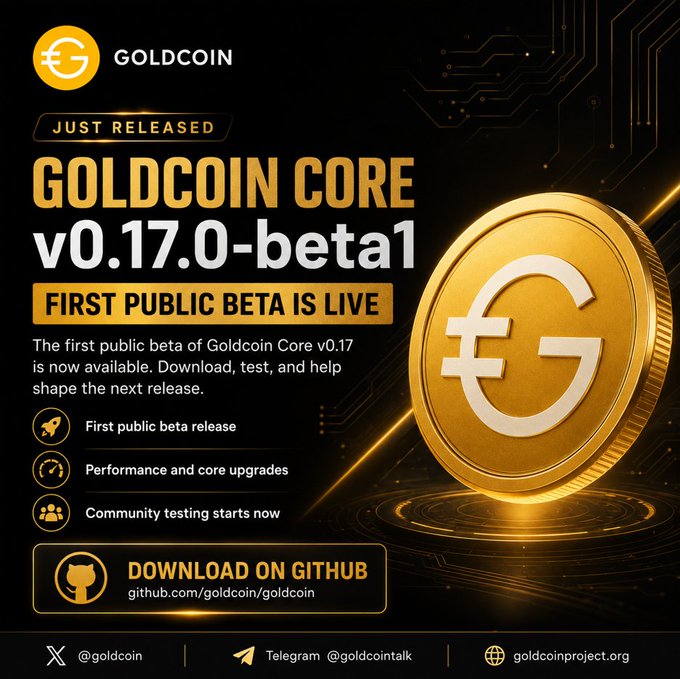 A promotional graphic announcing the release of "Goldcoin Core v0.17.0-beta1," featuring a large golden coin with a G symbol and details about community testing and GitHub download.