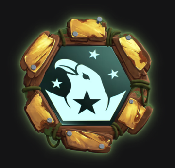 A digital illustration of a hexagonal wooden-framed emblem featuring a white eagle head silhouette surrounded by stars on a dark blue background, glowing with a green aura.
