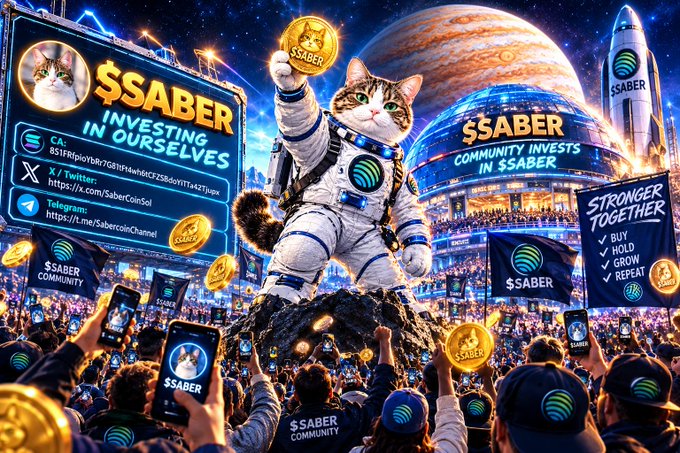 A futuristic promotional scene shows a cat astronaut holding a gold “$SABER” coin above a cheering crowd, with large signs reading “$SABER INVESTING IN OURSELVES” and “$SABER COMMUNITY INVESTS IN $SABER.”