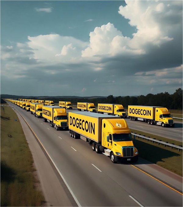 A long convoy of yellow semi-trucks with 'DOGECOIN' written on their trailers drives down a multi-lane highway.