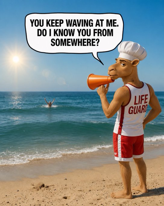 A cartoon camel lifeguard wearing a chef's hat speaks through a megaphone on a beach, with a speech bubble reading "YOU KEEP WAVING AT ME. DO I KNOW YOU FROM SOMEWHERE?" while a person waves from the water. The whimsical image ties into a cheerful morning greeting celebrating TacoDay with a humorous, quirky meme vibe fitting the playful NFT community vibe.
