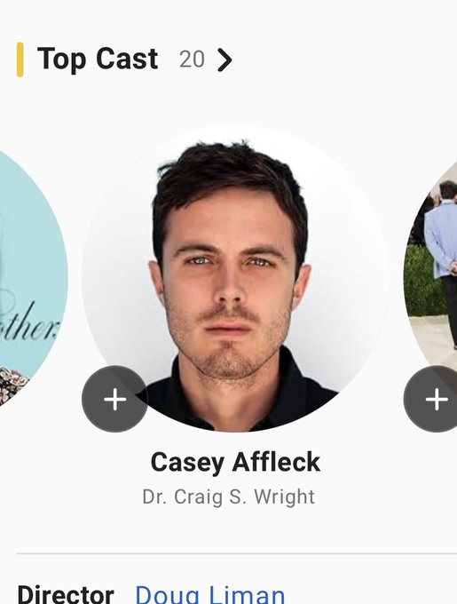 A cast profile for 'Casey Affleck' from an IMDb-style listing, showing actor Dr. Craig S. Wright and director Doug Liman, with a 'Top Cast 20' header.