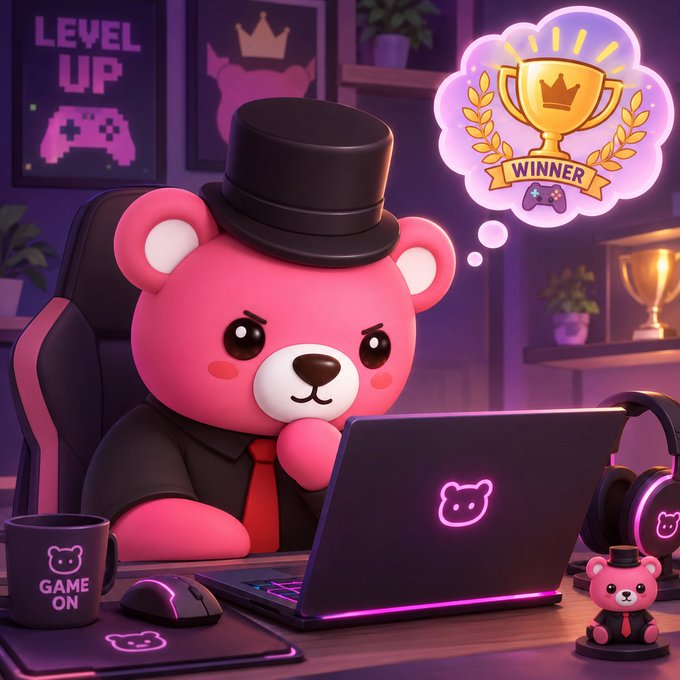 A pink teddy bear character wearing a black top hat and tie, sitting at a gaming setup with a laptop and a 'WINNER' trophy thought bubble above.