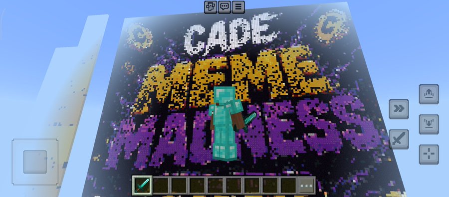 A Minecraft screenshot showing a character standing on a large pixel art banner that reads 'GADE ARCADE IMAGES'.
