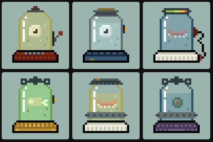 A pixel art sheet showing six robot characters in glass jars, each with unique features like different colored bases, faces, and accessories including a red siren, headphones, and monster-like teeth.
