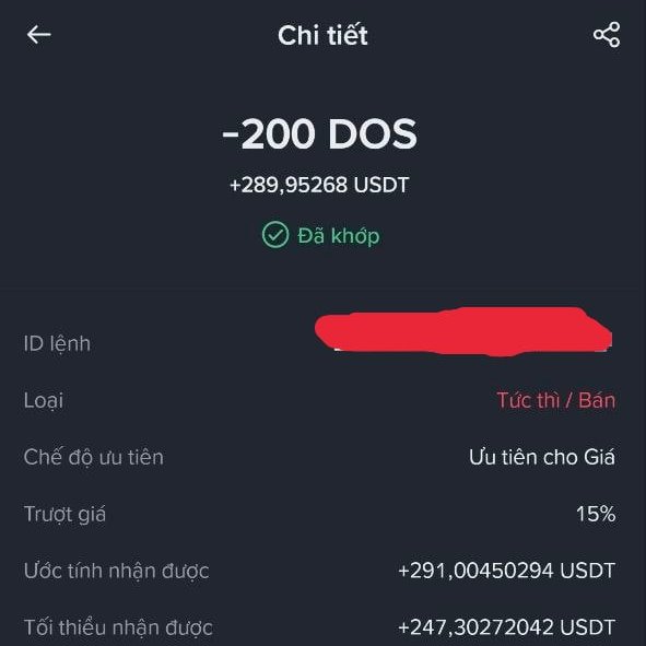 Mobile screenshot of a transaction confirmation in Vietnamese for selling 200 DOS in exchange for +289.95268 USDT, marked as 'Đã khớp' (matched), including a slippage setting of 15%.