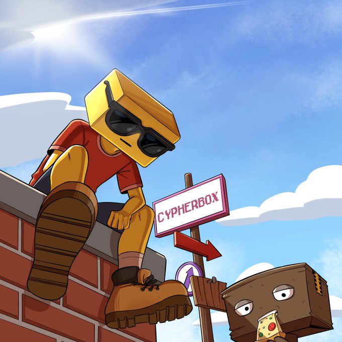 A cartoon mascot with a yellow box-shaped head, sunglasses, and red shirt sits atop a brick wall next to a "CYPHERBOX" sign pointing toward a cardboard box character holding pizza, visually advertising the CYPHERBOX NFT mint event on OpenSea.