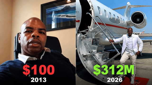 A side-by-side comparison shows a man labeled '$100 2013' on the left and the same man in white clothing stepping off a private jet labeled '$312M 2026' on the right.