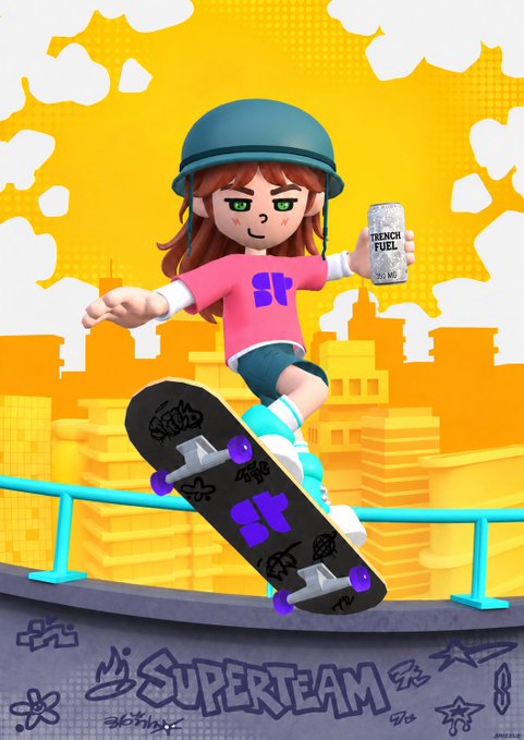 A 3D animated character wearing a blue helmet, pink 'ST' shirt, and blue shorts performs a skateboard trick while holding a can labeled 'TENCH FUEL' against a yellow cityscape background with 'SUPERTEAM' graffiti.