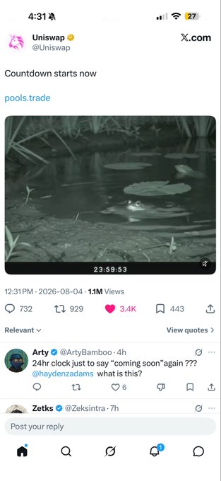 A screenshot of an X (Twitter) post from Uniswap (@Uniswap) captioned 'Countdown starts now' linking to pools.trade, featuring a video thumbnail of a pond with lily pads, dated 12:31 PM on 2026-08-04 with 1.1M views.