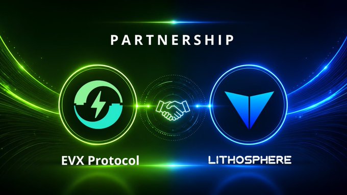 The image is a partnership announcement graphic featuring "PARTNERSHIP" prominently at the top, with the EVX Protocol and Lithosphere logos connected by a handshake icon in the center. The neon green and blue circular emblems visually represent the collaboration between EVX Protocol and Lithosphere, aligning with the post's announcement of their new partnership to advance decentralized mobility through DePIN-powered EV charging and vehicle sharing.