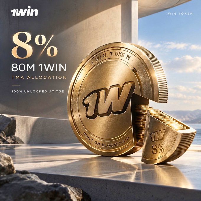 A promotional graphic for the 1WIN TOKEN shows a large gold coin embossed with the "1W" logo and the inscriptions "1WIN TOKEN" and "BUILT ON BLOCKCHAIN," with a sliced section revealing additional coins marked "1W 8%." Bold text on the left highlights "8%", "80M 1WIN", "TMA ALLOCATION", and "100% UNLOCKED AT TGE," visually reinforcing the post's announcement that 80 million 1WIN tokens (8% of total supply) are reserved for Telegram Mini App users and fully unlocked at TGE.