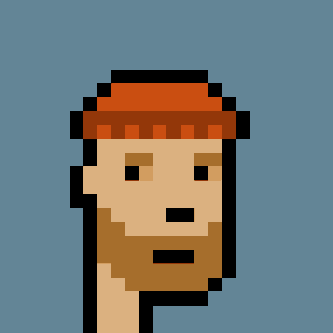A pixel art portrait of a man with short brown hair, a mustache, and a beard against a solid blue-gray background.