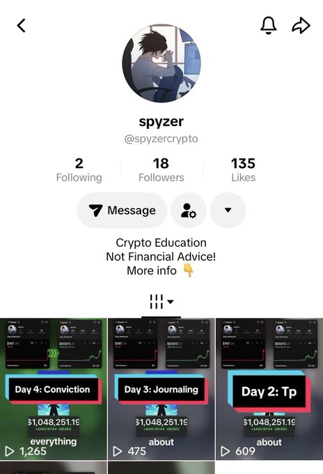 A TikTok profile page for 'spyzer' (@spyzercrypto) with 18 followers, bio reading 'Crypto Education Not Financial Advice! More info 👇', showing videos with titles 'Day 2: T...', 'Day 3: Journaling', and 'Day 4: Conviction'.