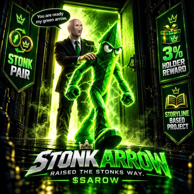 A promotional graphic for the crypto token "STONK ARROW" ($SAROW), featuring a green crystal-like character and text reading "Raised The Stonks Way," "Stonk Pair," "3% Holder Reward," and "Storyline Based Project."