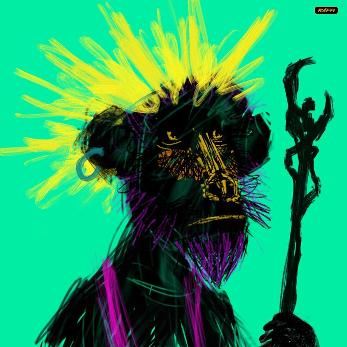 A stylized digital painting of a monkey-like figure with bright yellow spiky hair and a magenta beard against a teal background, holding a gnarled staff, signed 'RAFF' in the corner.