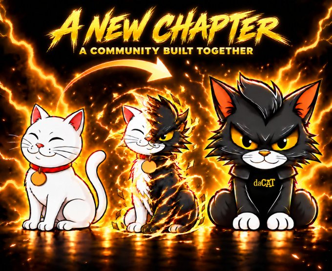 Promotional graphic titled 'A NEW CHAPTER - A COMMUNITY BUILT TOGETHER' featuring an illustration of a white cat transforming into a black cat (labeled 'daCAT') against a fiery, lightning-filled background.