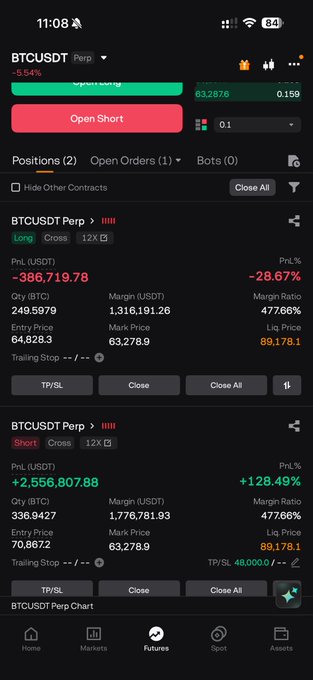 The image shows an app screen displaying two lists of stock information. One list includes positions for three exchanges and other information about trades made, while the second list contains data regarding Bitcoin trading activities. The app also has a chat window where users can ask questions or share ideas related to trading and investing. In the post shared by the app's developer, they are discussing strategies and lessons learned from past successful trades on different exchanges for at least two million dollars. The main focus of this conversation is the development of tactics and techniques in order to maximize gains with a portfolio of positions across multiple exchanges.